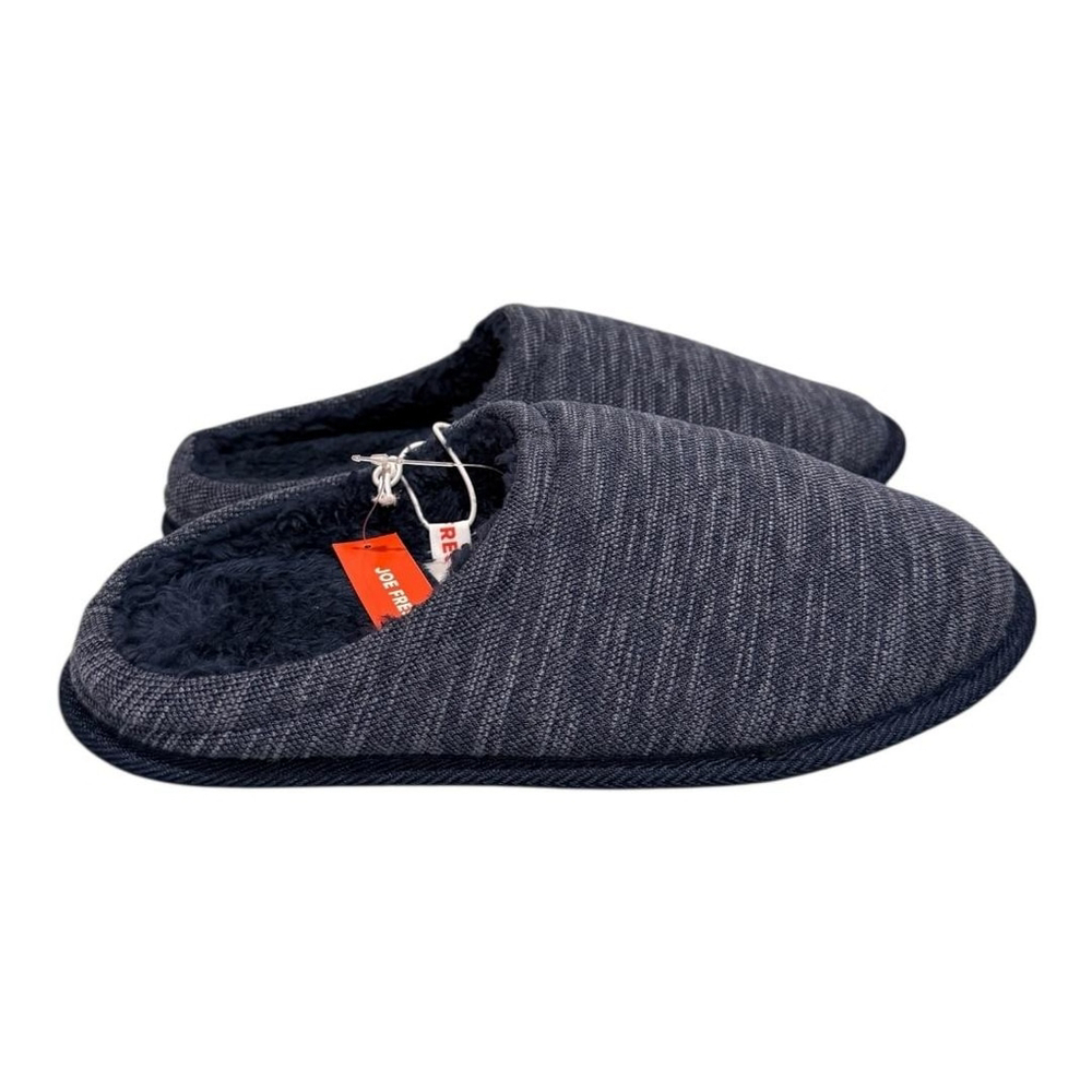 Joe Fresh Slippers Mens Size 8 Blue Fabric Mule Faux Fur Lined House Shoes Cozy